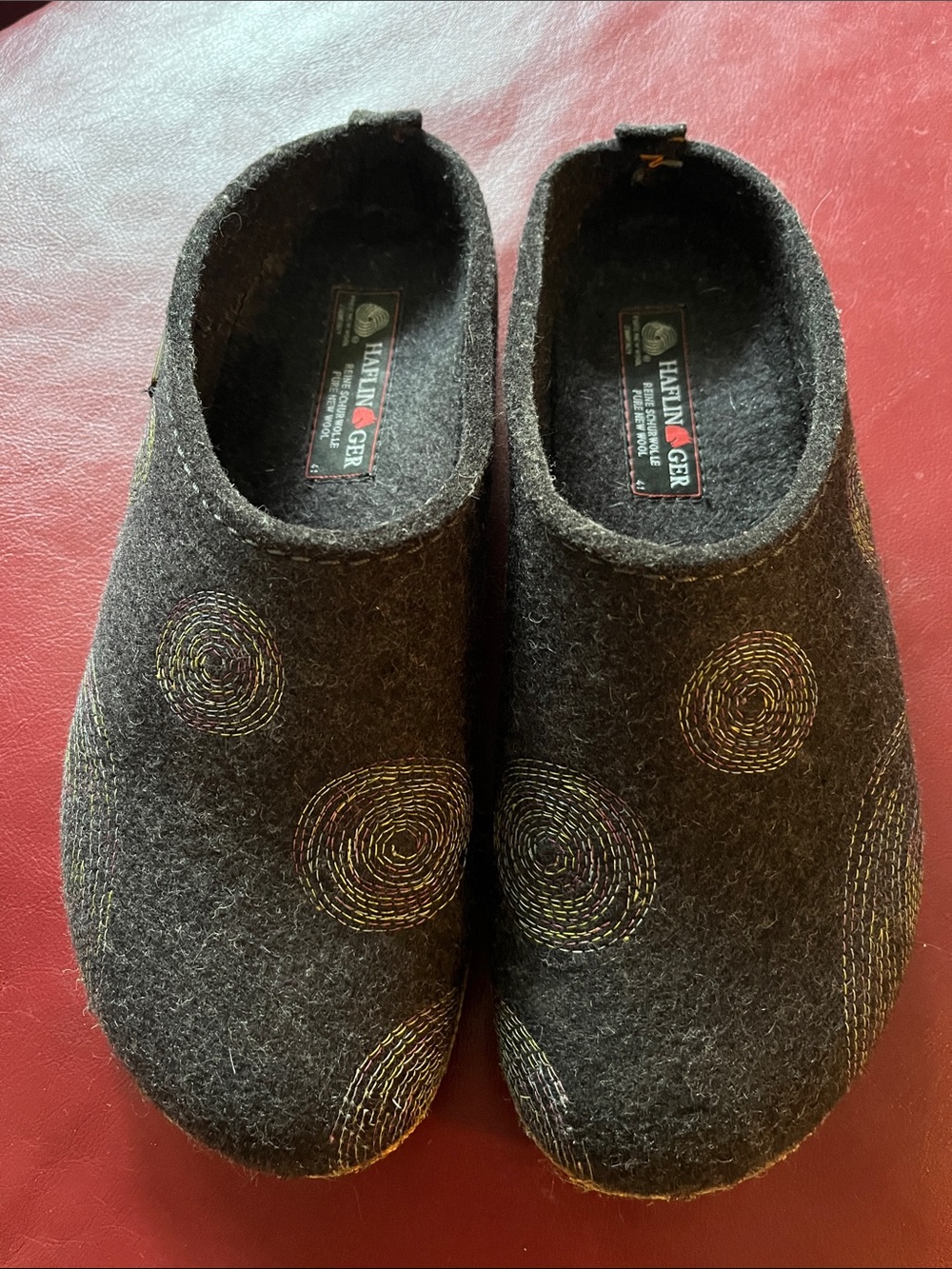 Haflinger Brown Wool Slip-On Clogs with Spiral Stitch Accents, size 41 European,